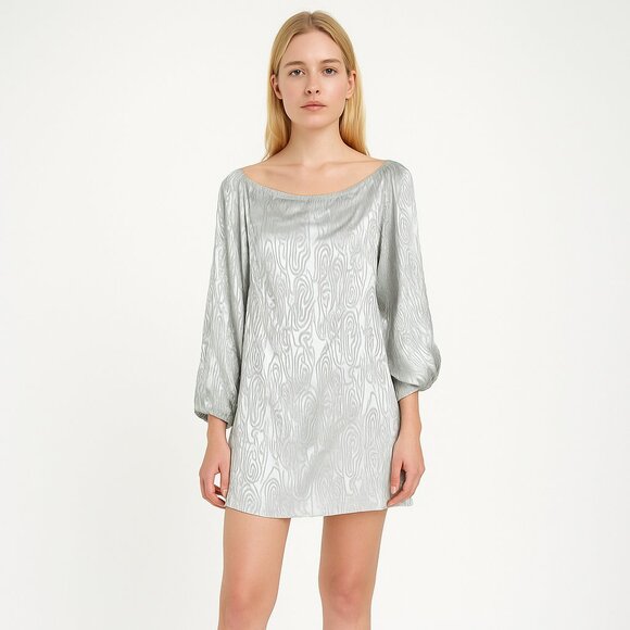Marina Moscone Textured Bateau Neck Balloon Sleeve Dress Silver 0 #A0568 - Picture 1 of 7